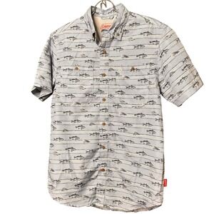 Coleman Mens Small Blue Fish Print Short Sleeve Button Down Fishing Shirt S